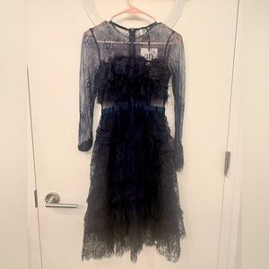 True Decadence Sheer Long Sleeve Ruffled Lace Dress in Navy
